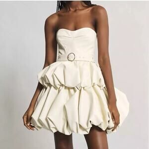 Anthropologie L Let Me Be Faux Leather Strapless Belted Bubble Mini Dress Ivory